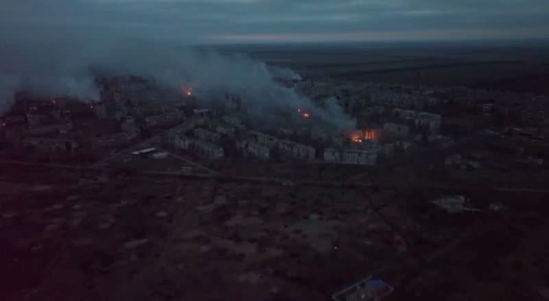 Aerial view of fires and smoke over the city, as Russia's attack on Ukraine continues, in Vuhledar