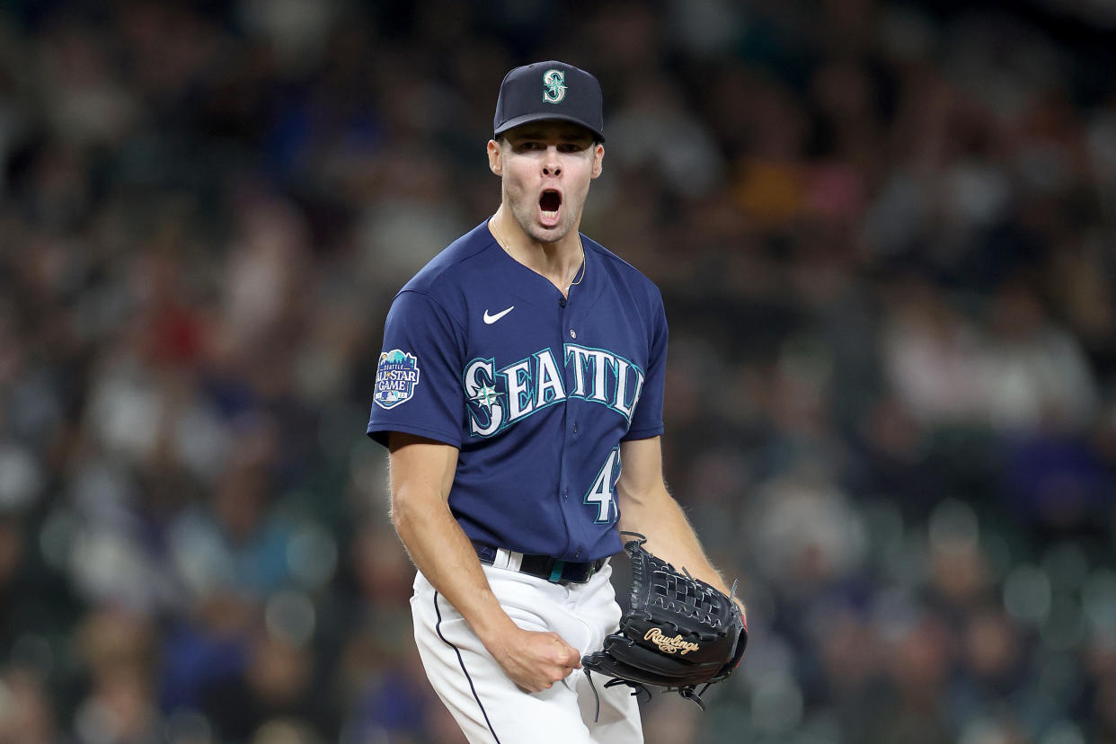 SEATTLE, WASHINGTON - SEPTEMBER 26: Matt Brash #47 of the Seattle Mariners reacts after a strikeout during the eighth inning against the Houston Astros at T-Mobile Park on September 26, 2023 in Seattle, Washington. (Photo by Steph Chambers/Getty Images)