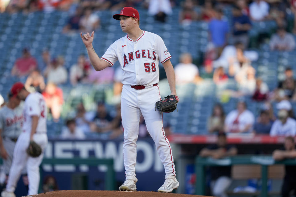 Los Angeles Angels starting pitcher Davis Daniel gestures during the first inning of the team's baseball game against the Detroit Tigers, Thursday, June 27, 2024, in Anaheim, Calif. (AP Photo/Ryan Sun)