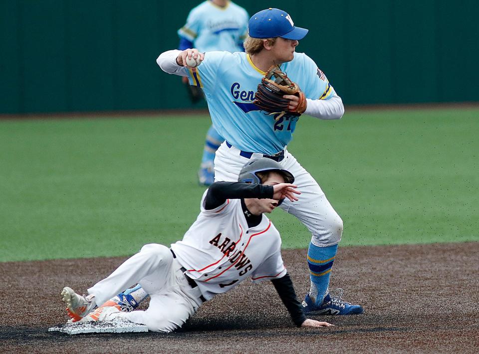 Wooster High School shortstop Blake Bowen (27) makes the pivot forcing out Ashland High School's Braeden Reymer (1) as he turns a double play in the fourth inning during high school baseball action Thursday, May 5, 2022 at Ashland University's Donges Field. TOM E. PUSKAR/TIMES-GAZETTE.COM