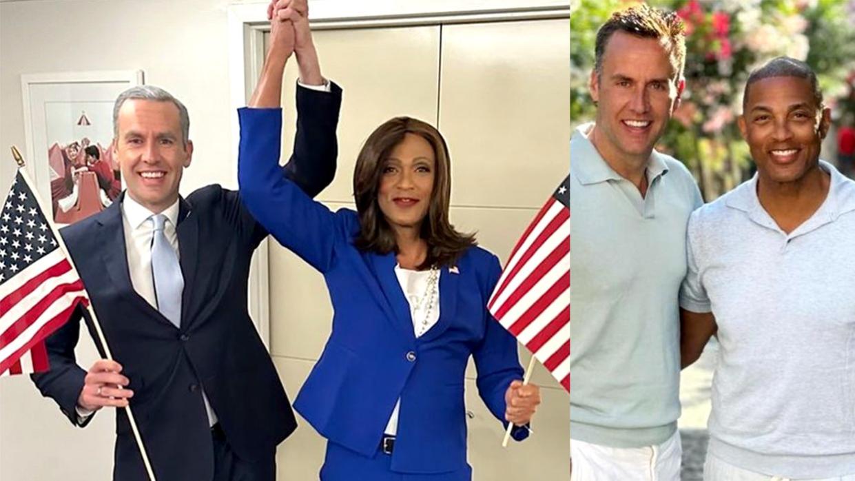 Don Lemon with Husband Tim as Joe Biden Kamala Harris Halloween Costumes next to a Travel Headshot