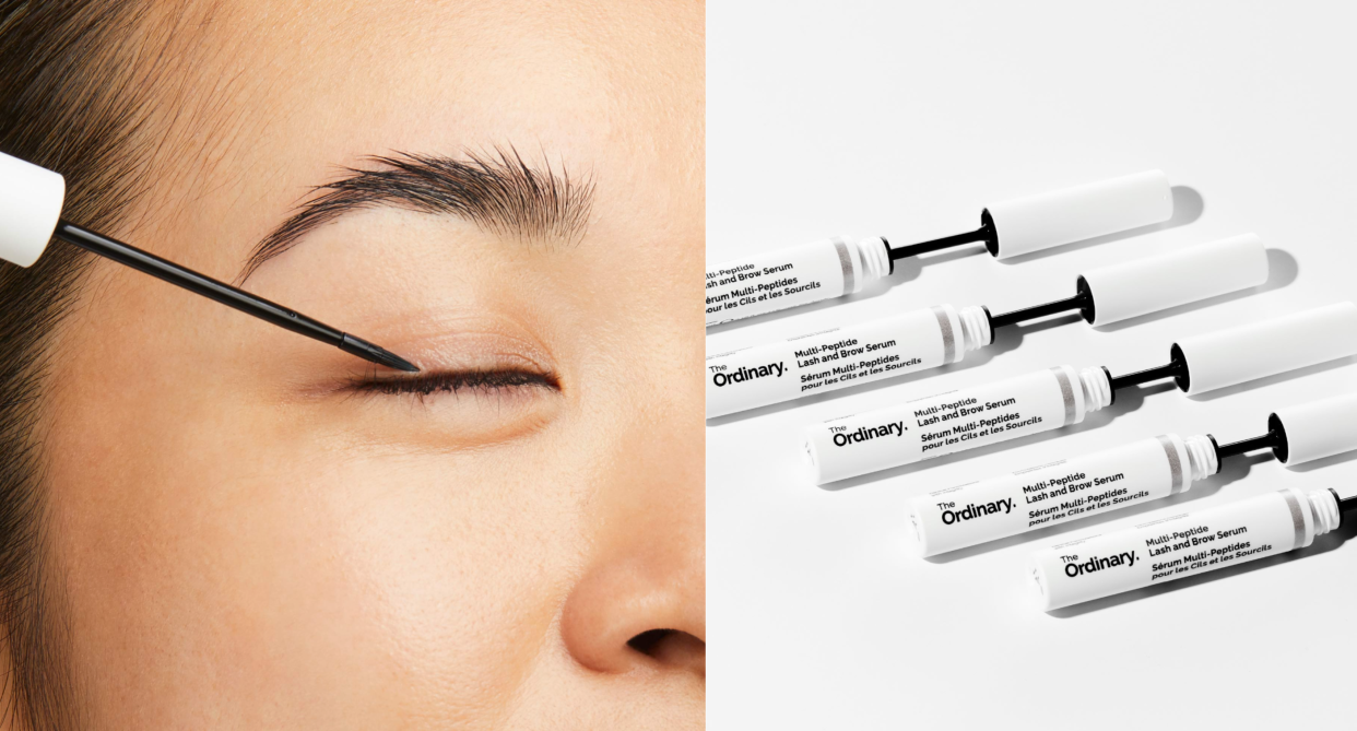 split screen of woman applying eyelash serum and several tubes of The Ordinary Multi-Peptide Lash and Brow Serum: Is it worth it? (Photos via Sephora)