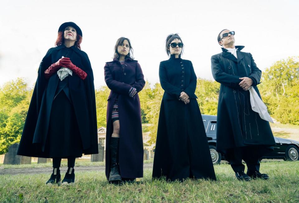 PHOTO: (L-R) Catherine O'Hara as Delia, Jenna Ortega as Astrid, Winona Ryder as Lydia and Justin Theroux as Rory appear in Warner Bros. Pictures’ comedy, “Beetlejuice Beetlejuice.' (Parisa Taghizadeh/Warner Bros.)