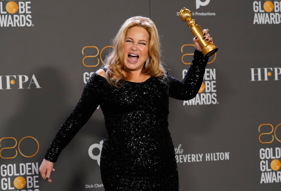 Norwell native Jennifer Coolidge poses in the press room with the award for best performance by an actress in a supporting role in a limited series, anthology series or motion picture made for television for "The White Lotus at the 80th annual Golden Globe Awards at the Beverly Hilton Hotel on Tuesday, Jan. 10, 2023, in Beverly Hills, Calif. (Photo by Chris Pizzello/Invision/AP)