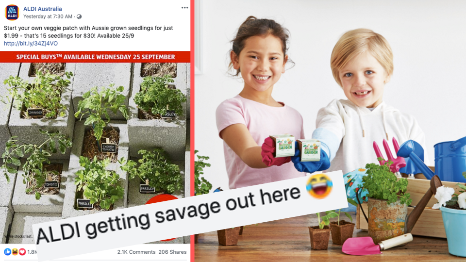 Pictured: Aldi's latest Special Buys has plants for sale, and happy children with Woolworths' Discovery Garden promotion. Images: Aldi, Woolworths, Facebook