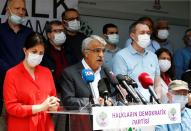 Co-leaders of the pro-Kurdish Peoples' Democratic Party (HDP) Pervin Buldan and Mithat Sancar attend a news conference in Ankara