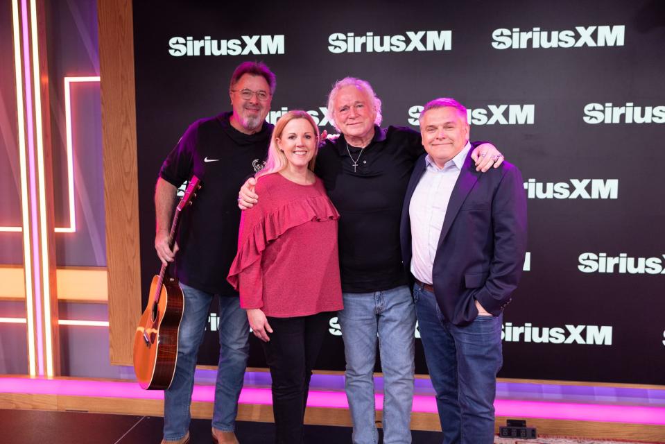 T. Graham Brown invited to become member fo the Grand Ole Opry family today on the set of his SiriusXM show "Live Wire." (l to r: Vince Gill, Opry's Gina Keltner, T Graham Brown, Opry's Dan Rogers)