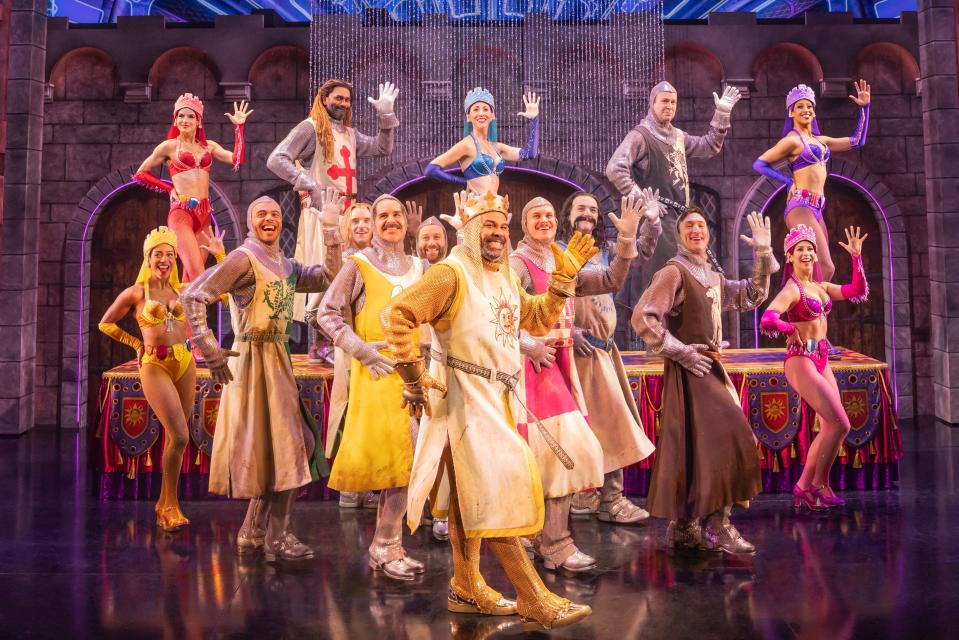 James Monroe Iglehart, center, as King Arthur, and the cast of the Broadway revival of “Spamalot.”