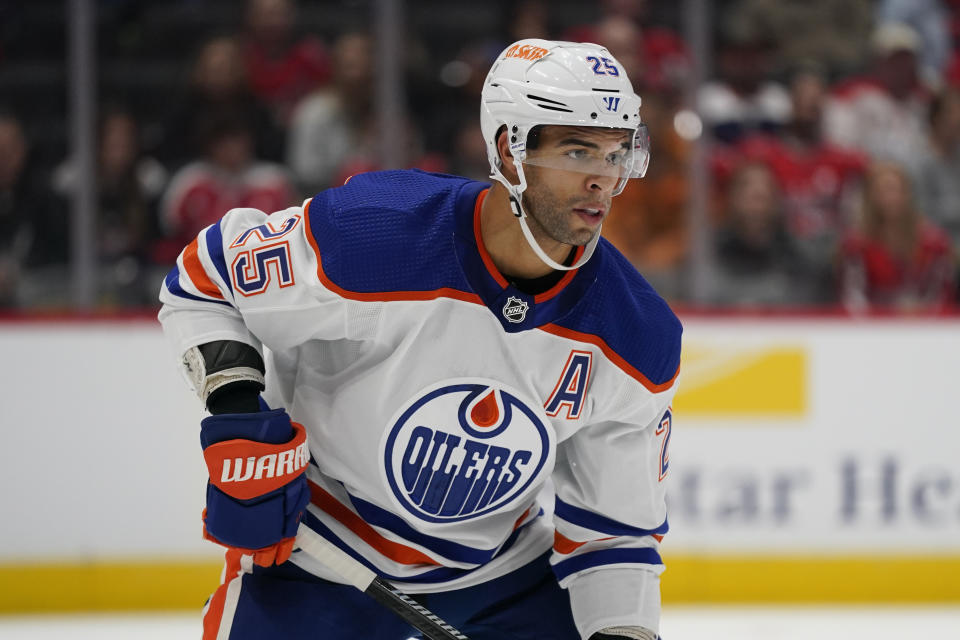 FILE - Edmonton Oilers defenseman Darnell Nurse skates in the first period of an NHL hockey game against the Washington Capitals, Monday, Nov. 7, 2022, in Washington. Early in his time in the NHL, Darnell Nurse says he did not notice a lot of players talking about what to do after hockey. Going into his ninth season, the chatter is now normal. (AP Photo/Patrick Semansky, File)