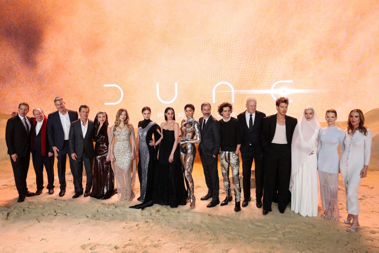 us film producer joshua grode, us music composer hans zimmer, us film producer cale boyter us actor josh brolin, british actress florence pugh, french actress lea seydoux, swedish actress rebecca ferguson, swiss actress souheila yacoub, us actress zendaya, us and french actor timothee chalamet, swedish actot stellan skarsgard, us actor austin butler, us british actress anya taylor joy, canadian film producer tanya lapointe and us film producer mary parent at dune part two premiere