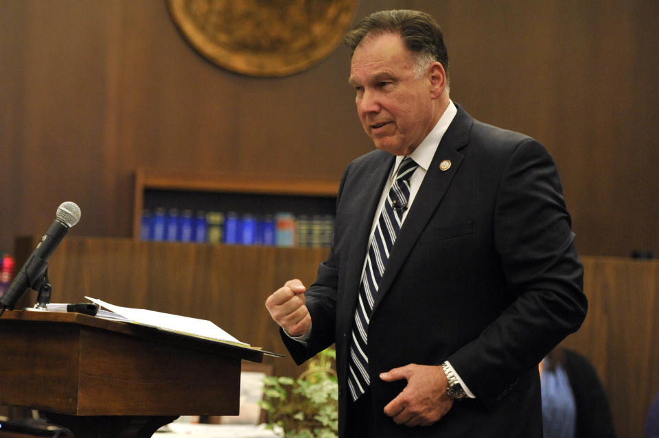 Orange County district attorney Tony Rackauckas delivers his closing argument in the trial of two former Fullerton police officers on Tuesday, Jan. 7, 2014 in Santa Ana, Calif. Jay Cicinelli and Manuel Ramos pleaded not guilty in the beating death of Kelly Thomas, 37, a mentally ill homeless man. Thomas died five days after a violent struggle with officers who were responding to a report of a man breaking into cars at a transit hub. (AP Photo/The Orange County Register, Joshua Sudock, Pool)