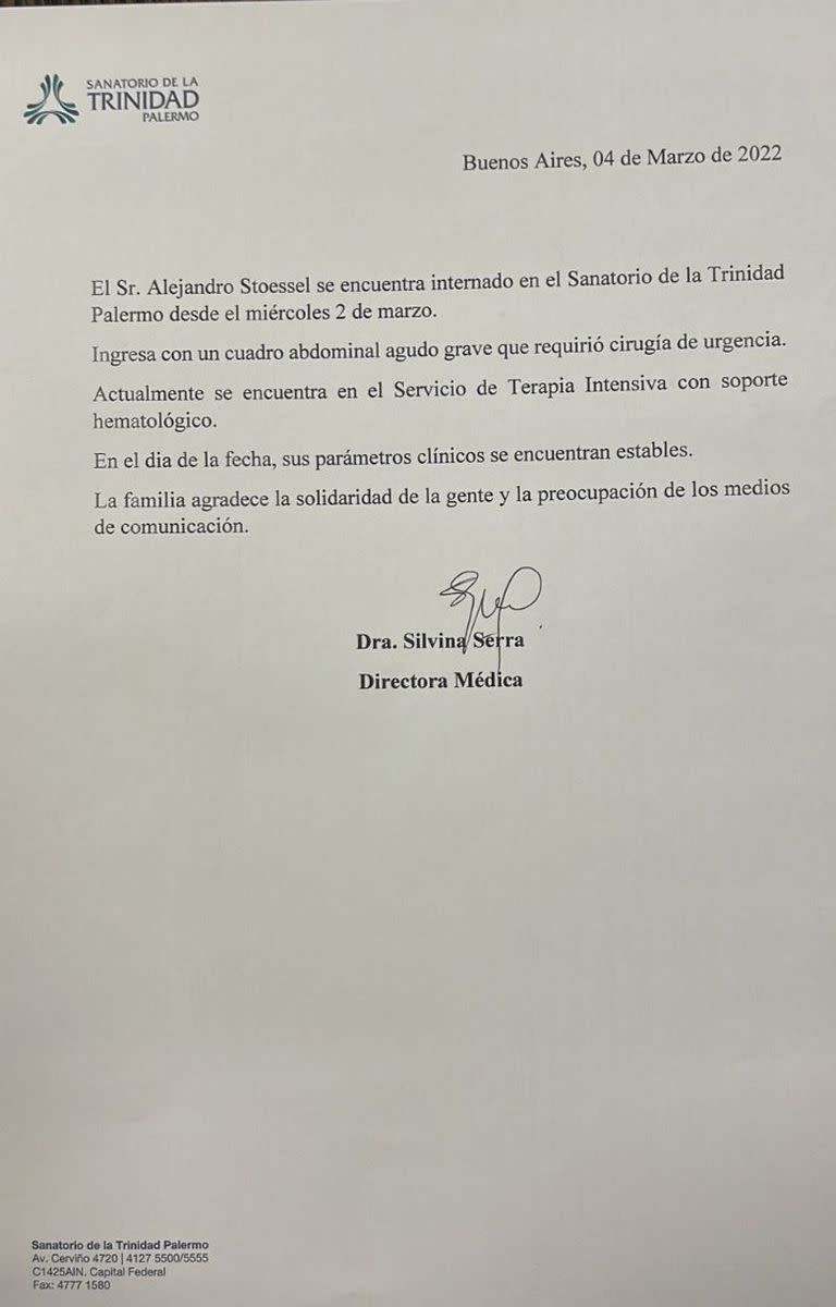 El sanatorio de la Trinidad emitió un comunicado sobre la salud de Alejandro Stoessel