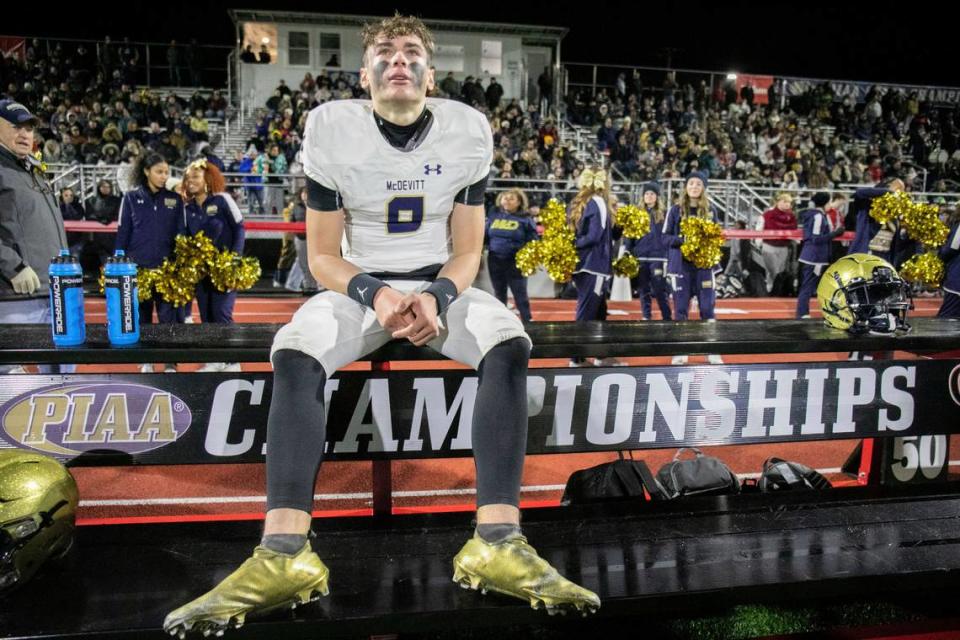 Stone Saunders helped lead Bishop McDevitt High School in Harrisburg, Pennsylvania, to a state championship in 2022. Kentucky is one of five finalists for the quarterback’s commitment on Friday night.