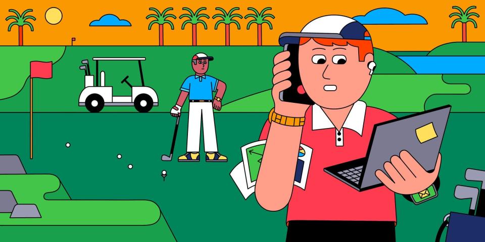 An illustration of two people on a golf course. One is holding a laptop in one hand and a cell phone in the other.