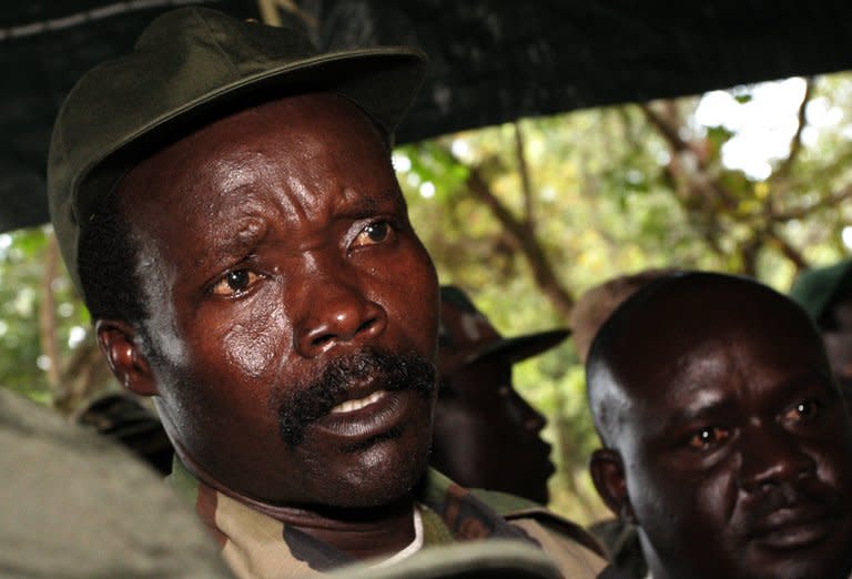 The leader of the Lord's Resistance Army, Joseph Kony, answers journalists' questions on November 12, 2006, at Ri-Kwamba in Southern Sudan