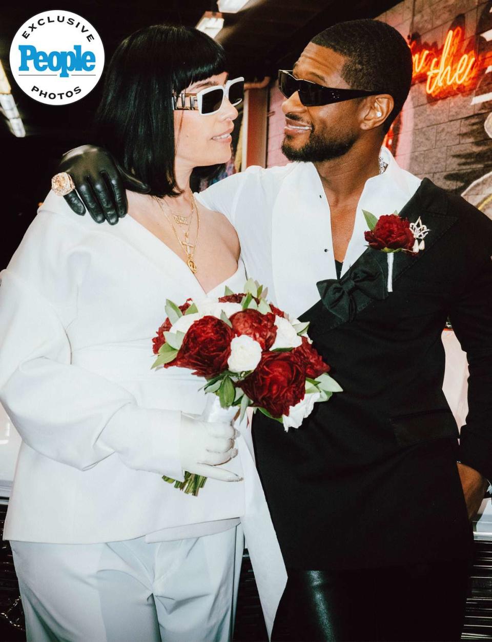 <p>Bellamy Brewster</p> Jennifer Goicoechea and Usher at their Las Vegas wedding on Feb. 11, 2024
