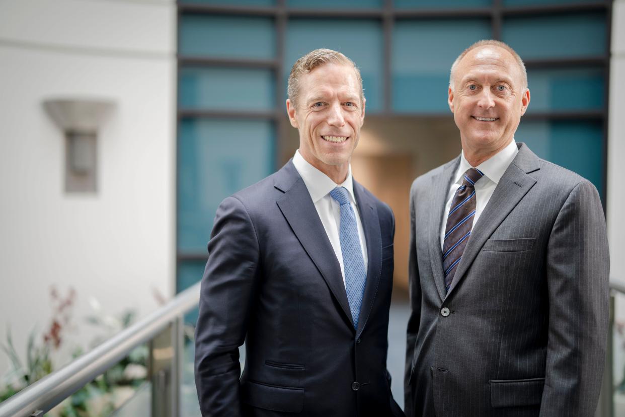 Brookfield Reinsurance vice chair Michael McRaith, left, and American Equity CEO Jeff Lorenzen at the American Equity building in West Des Moines.