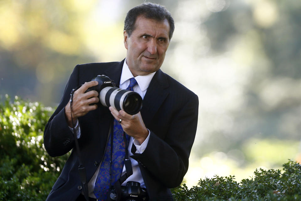 FILE - Chief White House photographer for President Barack Obama, Pete Souza, during an event in the Rose Garden of the White House in Washington, on Oct. 21, 2013. In October 2013, Barack Obama’s chief White House photographer, Pete Souza, and Patti Lease married in a private ceremony in the Rose Garden after 17 years of being a couple. Obama had gotten to know Lease because she attended some White House events. (AP Photo/Charles Dharapak, File)