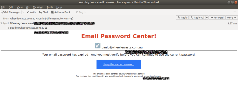 'Warning: Your email password has expired' scam email screenshot