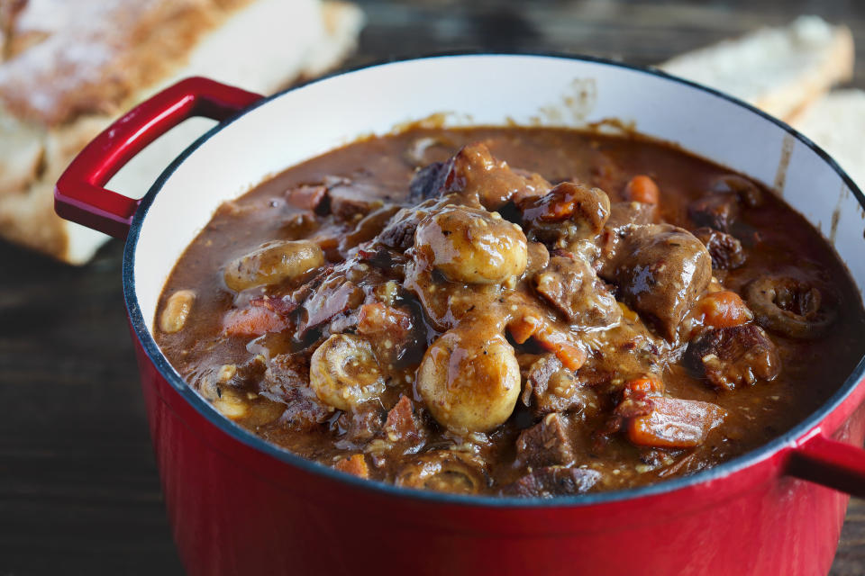 Beef Bourguignon in a Dutch oven.