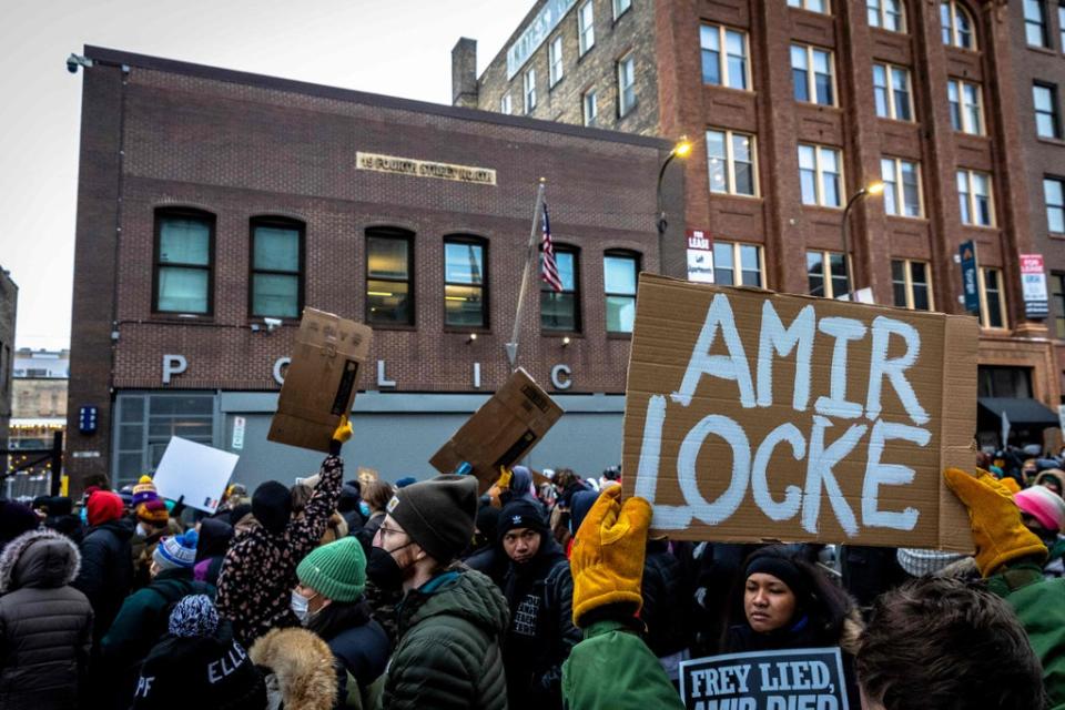Hundreds gathered in cold weather during a rally in protest of the killing of Amir Locke, outside the Police precint in Minneapolis, Minnesota on February 5, 2022 (AFP via Getty Images)