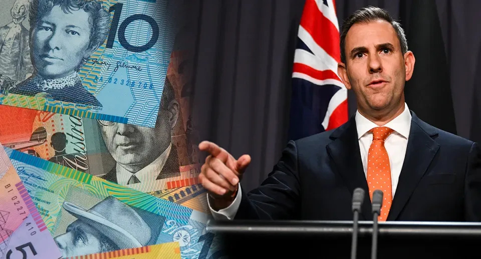 Jim Chalmers next to Australian money. 