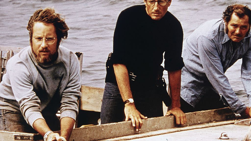 l r american actors richard dreyfuss, roy scheider and robert shaw on board a boat in a still from the film, jaws, directed by steven spielberg, 1975 photo by universal studioscourtesy of getty images