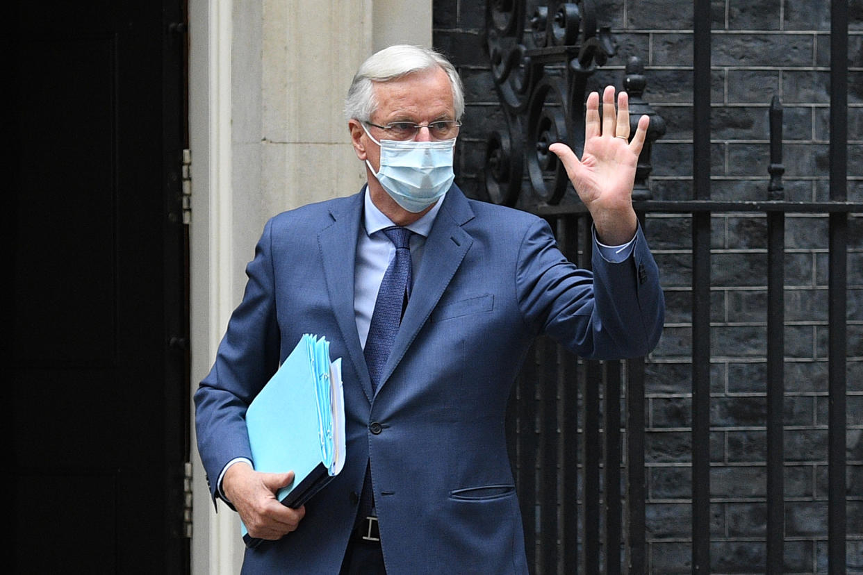 LONDON, ENGLAND - JULY 07: EU Chief Negotiator Michel Barnier arrives at 10 Downing Street ahead of a meeting with his British counterpart David Frost on July 7, 2020 in London, England. EU Chief Negotiator visits David Frost to continue Brexit negotiations with Fishing and Fishing. His visit comes after a transcript was published showing that the EU will introduce full border checks with the UK on January 1, 2021 whether or not a trade deal is agreed. (Photo by Leon Neal/Getty Images)