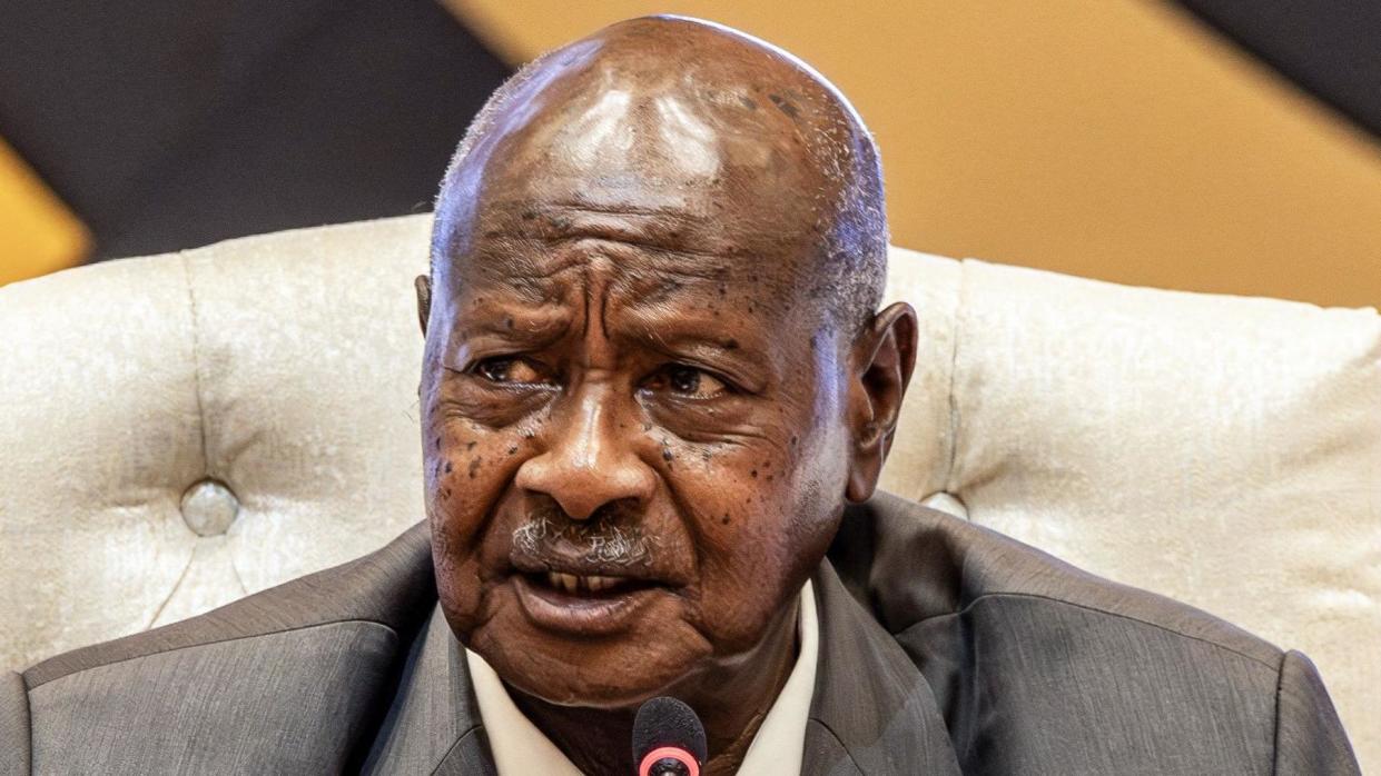 President of Uganda and Chairman of the Non-Aligned Movement (NAM) Yoweri Museveni delivers his speech during the closing session of the 19th Summit of Heads of State and Government of the Non-Aligned Movement in Kampala on January 20, 2024. 