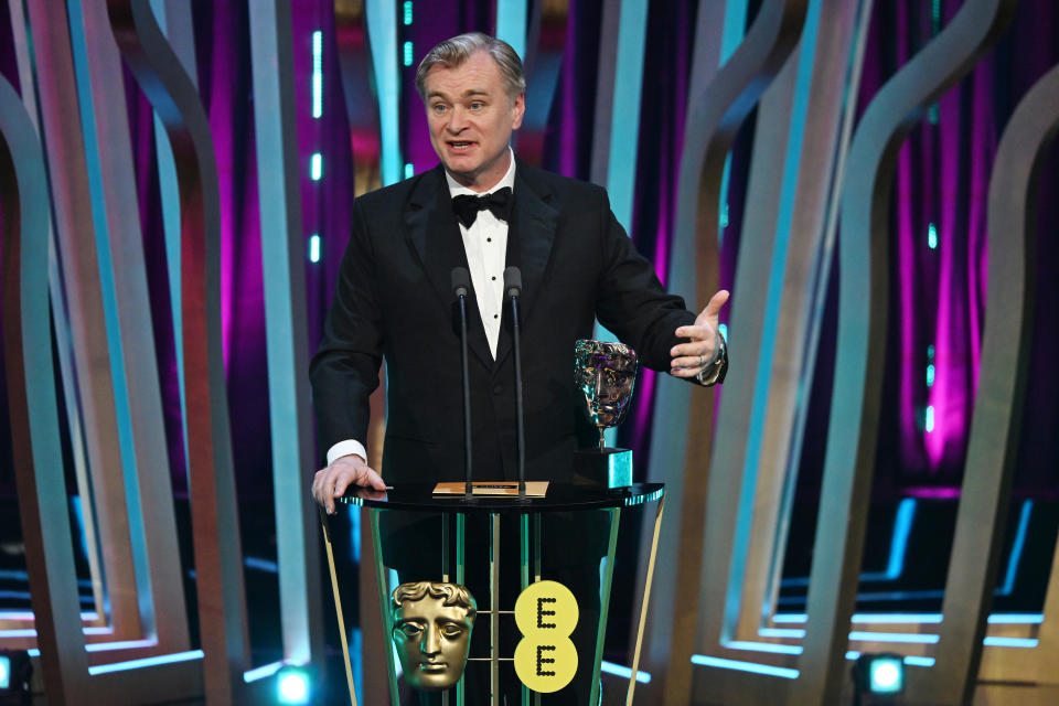 LONDON, ENGLAND - FEBRUARY 18: Christopher Nolan accepts the Director Award for 'Oppenheimer' on stage during the EE BAFTA Film Awards 2024 at The Royal Festival Hall on February 18, 2024 in London, England. (Photo by Kate Green/BAFTA/Getty Images for BAFTA)