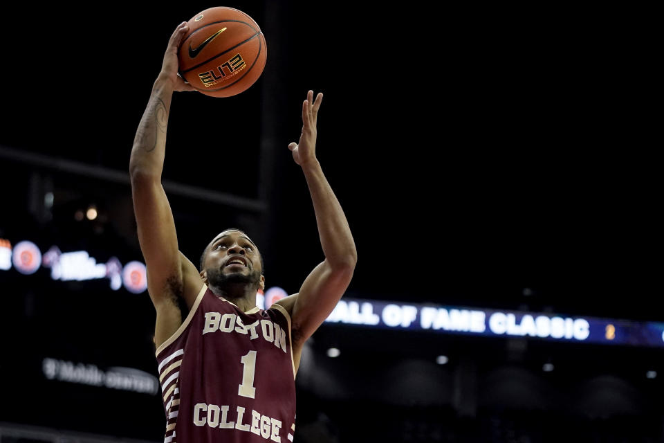 Boston College guard Claudell Harris Jr. puts up a shot during the first half of an NCAA college basketball game against Loyola Chicago Thursday, Nov. 23, 2023, in Kansas City, Mo. (AP Photo/Charlie Riedel)