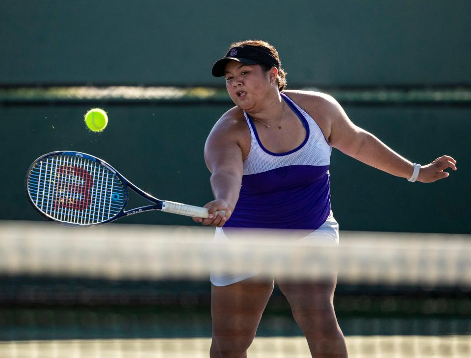 Shadow Hills' Isabella Pimentel runs up for a short ball during the singles final of the Desert Empire League individual tennis championships at the Indian Wells Tennis Garden in Indian Wells, Calif., Thursday, Oct. 26, 2023.
