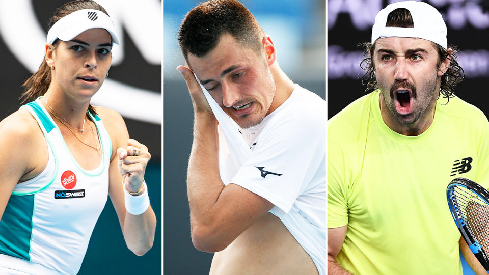 Ajla Tomljanovic, Bernard Tomic and Jordan Thompson, pictured here in action in Russia and New York.