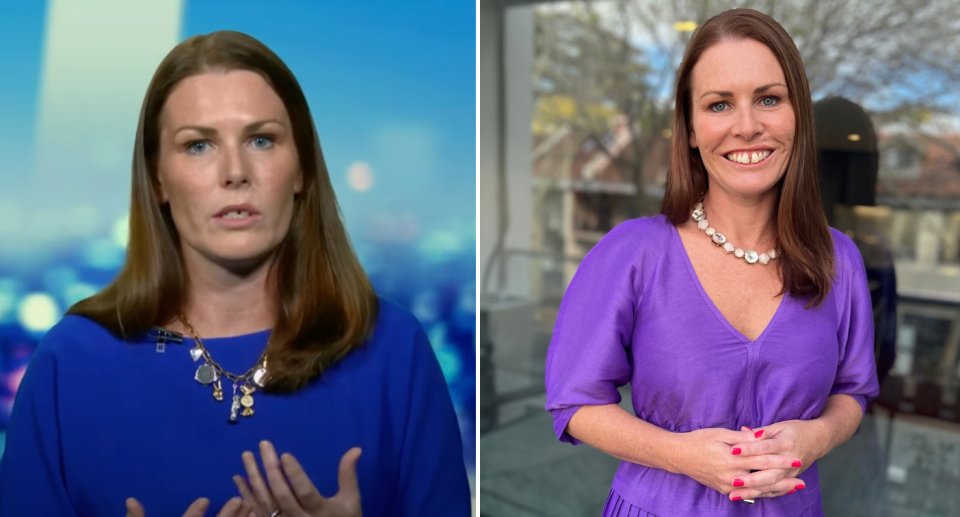 Left image shows Karen Iles in a blue top while talking to The Project. Right image shows Karen in a purple dress, smiling at the camera.