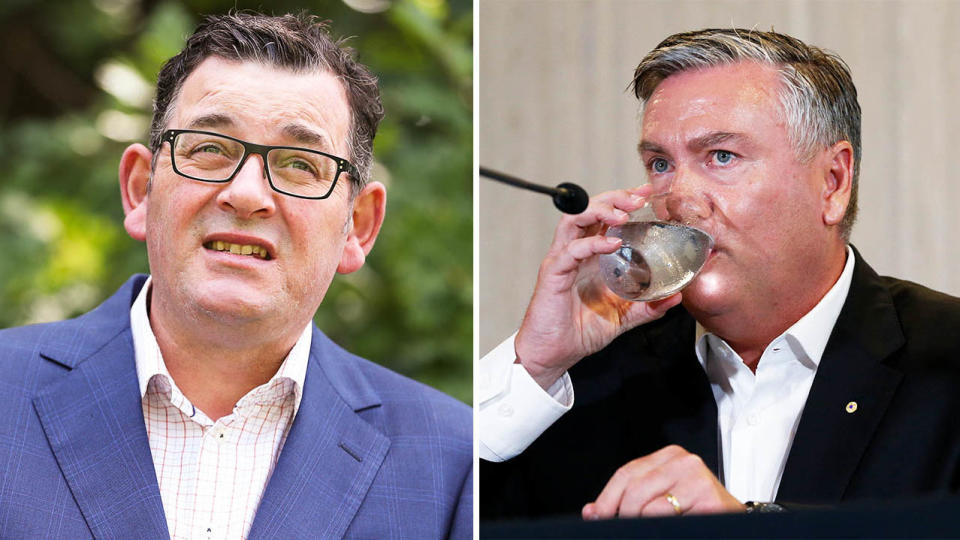 Victorian Premier Daniel Andrews (pictured left) during a press conference and Collingwood president Eddie McGuire (pictured right) drinking water during a media conference.