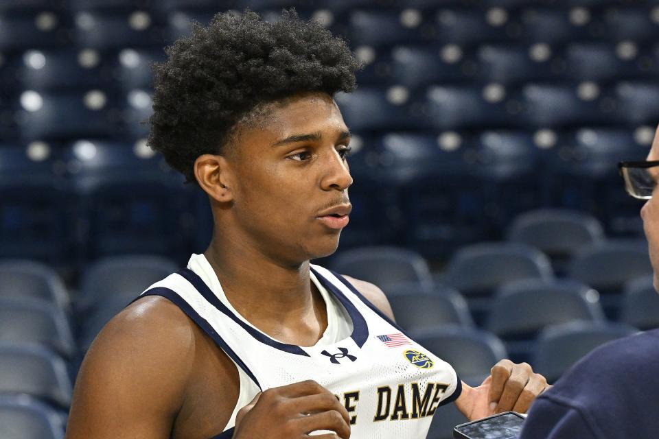 Markus Burton (3) talks to reporters during Media Day Thursday, Oct. 19, 2023, at the Purcell Pavilion.