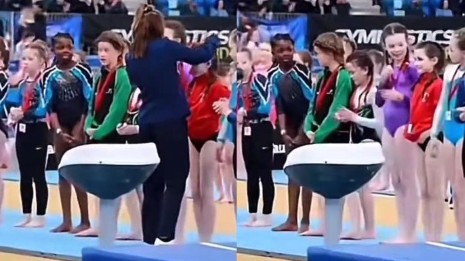 體操協會職員頒獎給每一位女孩，唯獨跳過一名非裔女孩。（圖／翻攝自推特@mhdksafa）