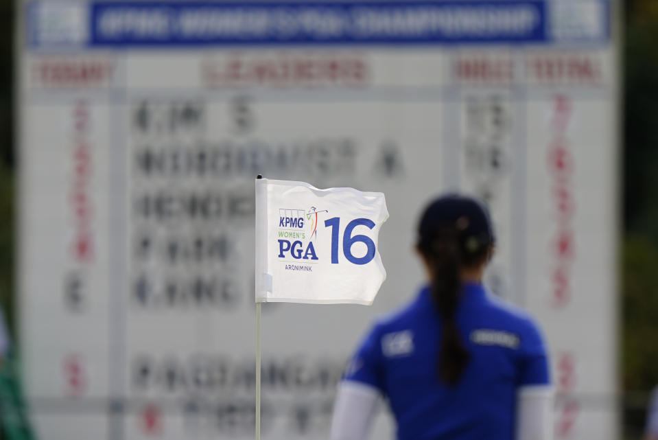 Sei Young Kim, of South Korea, walks off the 16th green during the third round at the KPMG Women's PGA Championship golf tournament at the Aronimink Golf Club, Saturday, Oct. 10, 2020, in Newtown Square, Pa. (AP Photo/Matt Slocum)