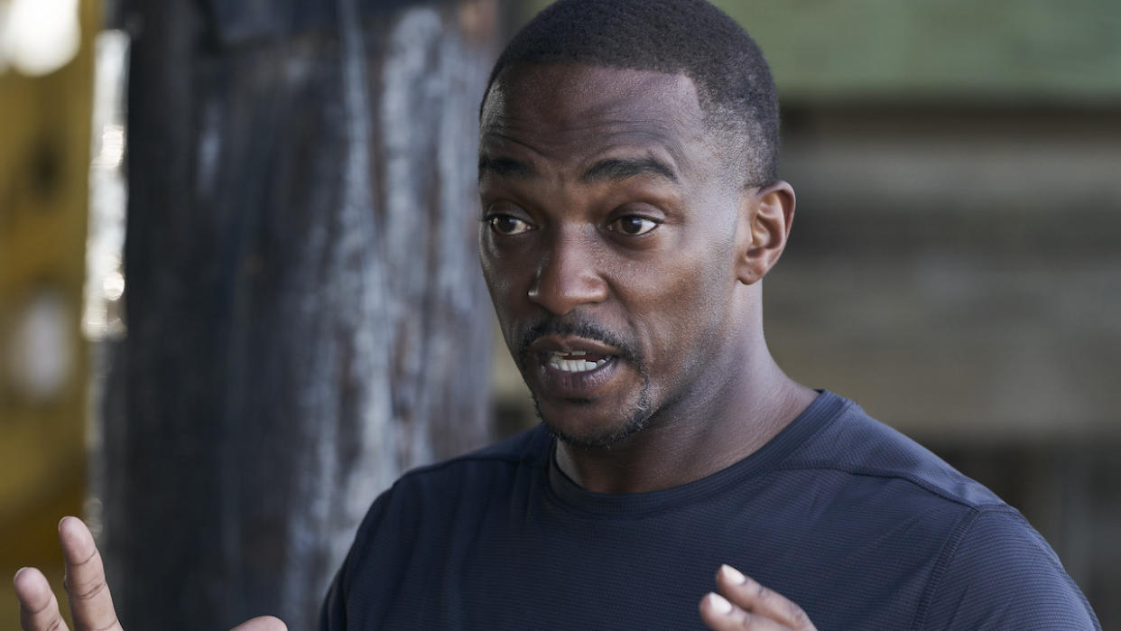  Anthony Mackie asking a shark-related question in NatGeo's Shark Beach with Anthony Mackie. 