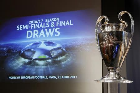 Football Soccer - UEFA Champions League Semi-Final Draw - Nyon, Switzerland - 21/4/17 The UEFA Champions League trophy is pictured before the draw of the semi finals Reuters / Pierre Albouy Livepic