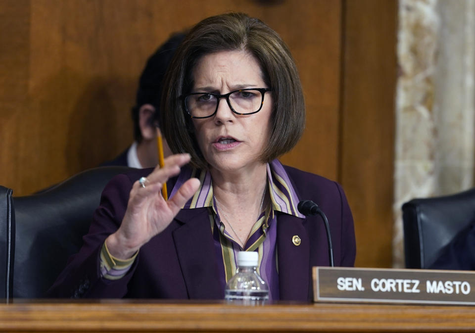 FILE - Sen. Catherine Cortez Masto, D-Nev., speaks during a Senate Energy and Natural Resources hearing on May 5, 2022, in Washington. The U.S. Senate race in Nevada between Democratic incumbent Catherine Cortez Masto and Republican challenger Adam Laxalt is shaping up as one of the most competitive in the country. (AP Photo/Mariam Zuhaib, File)
