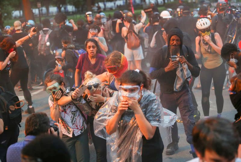 Protestors clash with police during attempt to pull down statue of U.S. President Andrew Jackson in front of the White House in Washington