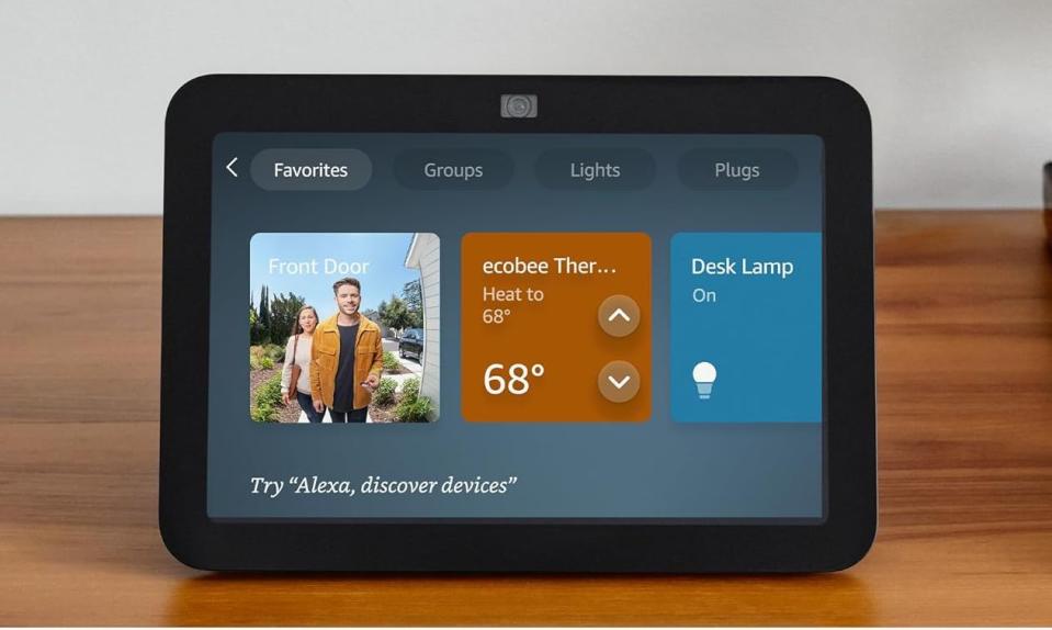 A photo of the Echo Show 8 and its own smart-home widgets.