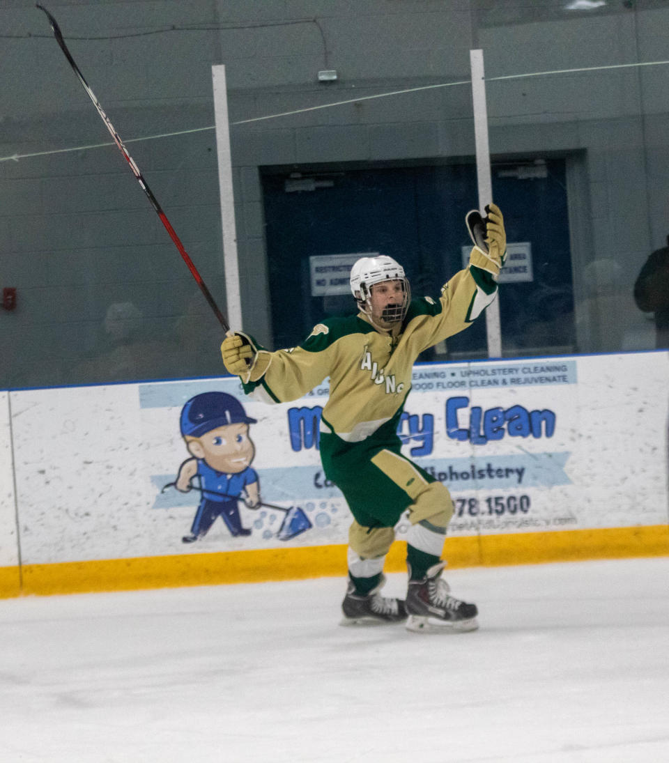 SMCC senior Daniel Neubauer celebrates his goal against New Boston United Wednesday, Dec. 7, 2022. United won 7-5.