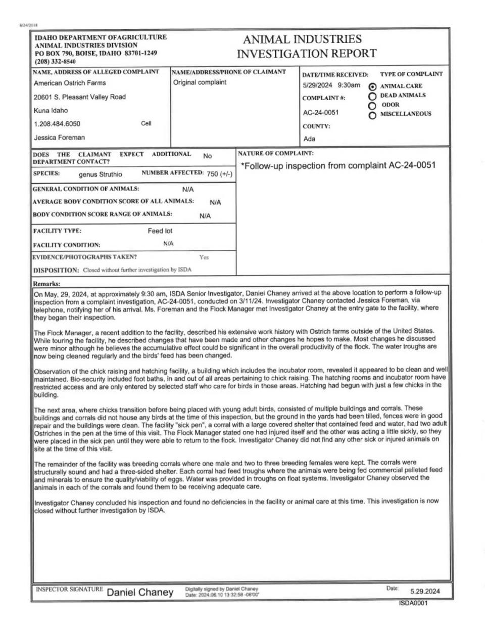 Idaho Department of Agriculture inspector Daniel Chaney’s report on his second 2024 inspection of American Ostrich Farms in Kuna, on May 29. He reported “no deficiencies in the facility or animal care at this time.”