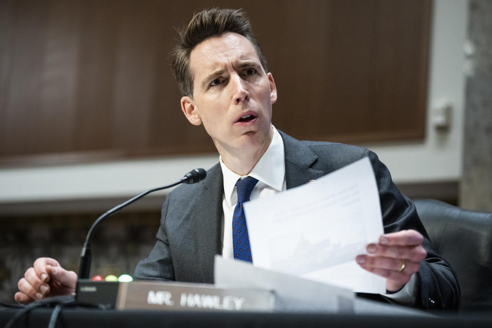 Sen. Josh Hawley, R-Mo., attends a Senate Armed Services Committee hearing.