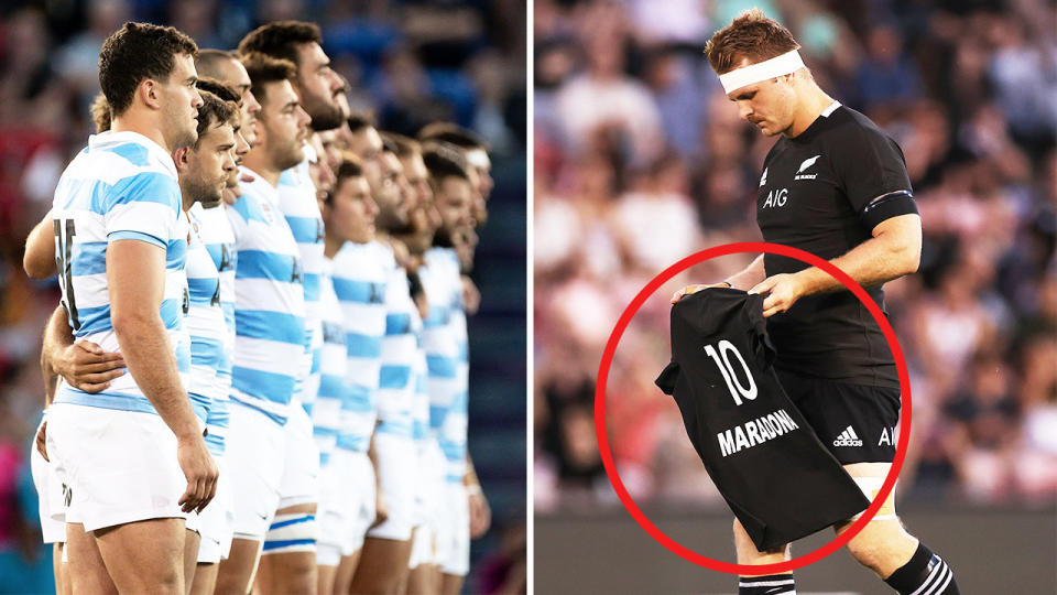 Sam Cane (pictured right) lays down an All Blacks jersey with Maradona's name and number and the Argentina team (pictured left) line-up.