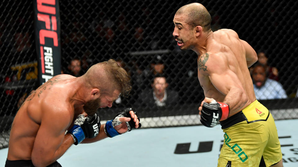 CALGARY, AB – JULY 28: (R-L) Jose Aldo of Brazil drops Jeremy Stephens with a punch to the body in their featherweight bout during the UFC Fight Night event at Scotiabank Saddledome on July 28, 2018 in Calgary, Alberta, Canada. (Photo by Jeff Bottari/Zuffa LLC/Zuffa LLC via Getty Images)