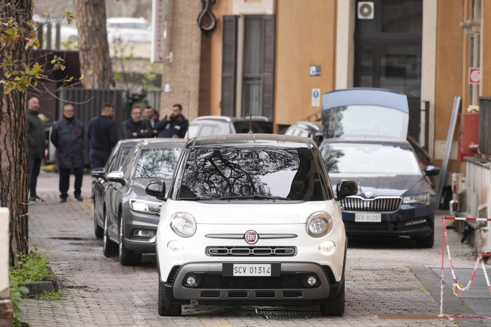 The car carrying Pope Francis leaves the Gemelli Isola Tiberina Hospital in Rome, Wednesday, Feb. 28, 2024. Pope Francis, who has been suffering from the flu, was brought to a hospital in central Rome aboard a small white Fiat 500 after the papal audience on Wednesday, leaving again in the same car after a short period. The Vatican had no immediate comment. (AP Photo/Andrew Medichini)