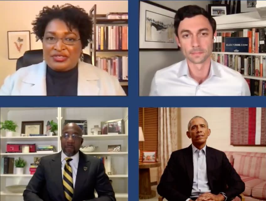 Former President Barack Obama and Stacey Abrams (top left) speak with candidates Jon Ossoff (top right) and Raphael Warnock (bottom left) about their upcoming runoff races for Senate seats in Georgia. (Photo: Georgia Democrats)